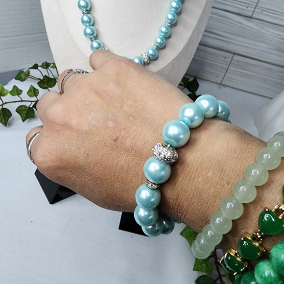 Aqua Blue Glass Pearl and Rhinestone Necklace Earrings and Bracelet Set - Picture 14 of 15